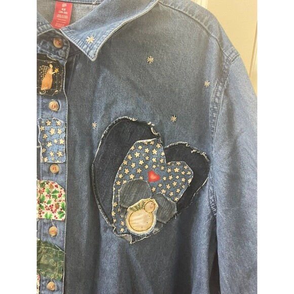 VINTAGE Denim Christmas Shirt Button Up Embroidered patchworks HANDMADE 4xL - Picture 4 of 13